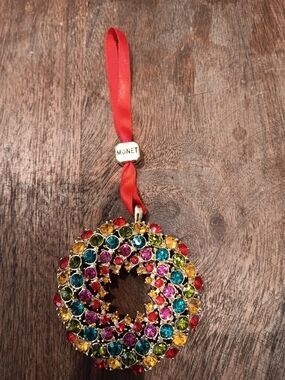 Monet Multicolor Crystal Wreath Pendant Ornament - Red Ribbon